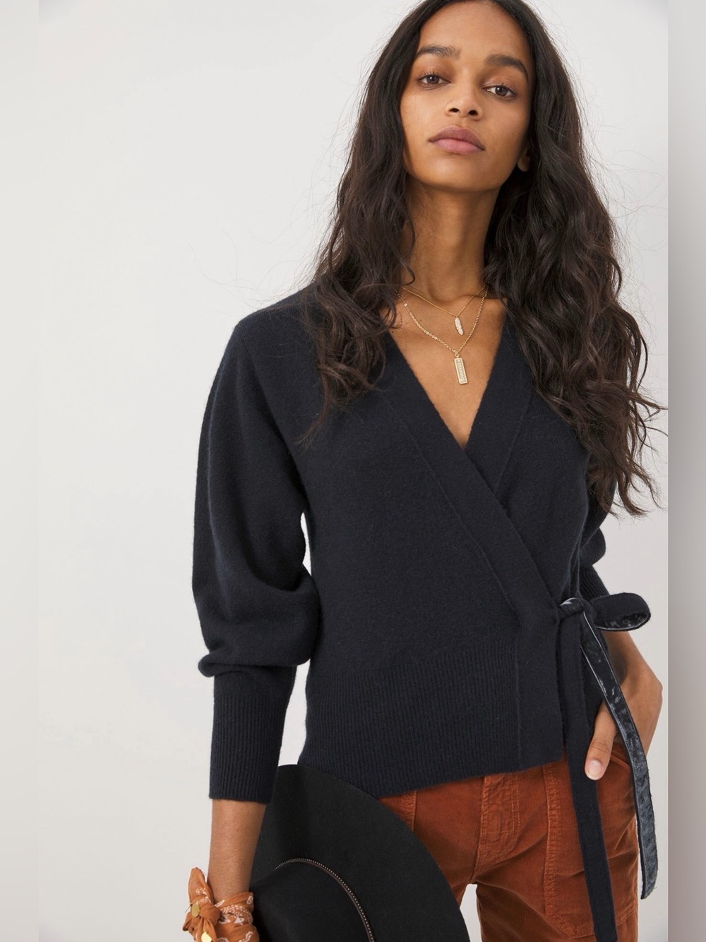 By Anthropologie Black Wrap V-Neck Women's Sweater with Velvet Tie Closure